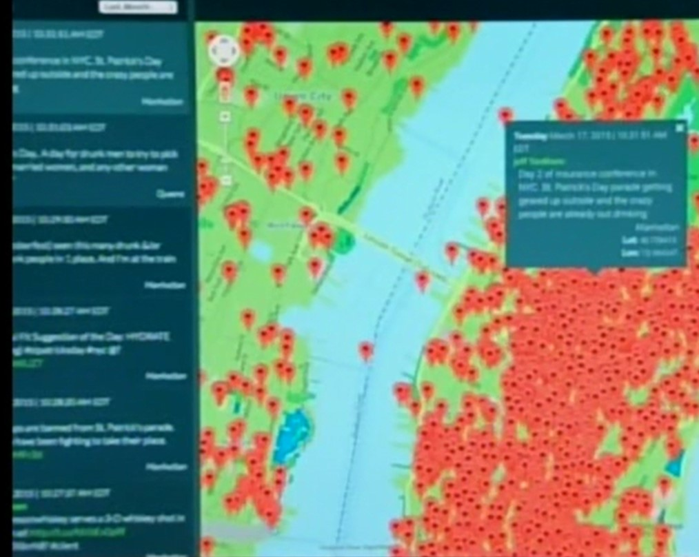 A map displayed in Digital Fly containing the geo-tagged locations of social media posts containing keywords searched for by users. Social media posts are displayed on the left hand side of the screen.