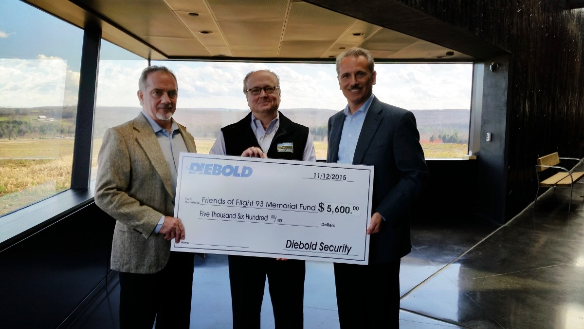 From left to right: Mike Dowling, director, fire business development, electronic security, Diebold; Henry C. Scully, executive director, Friends of Flight 93 National Memorial; and Tony Byerly, executive vice president, electronic security, Diebold.