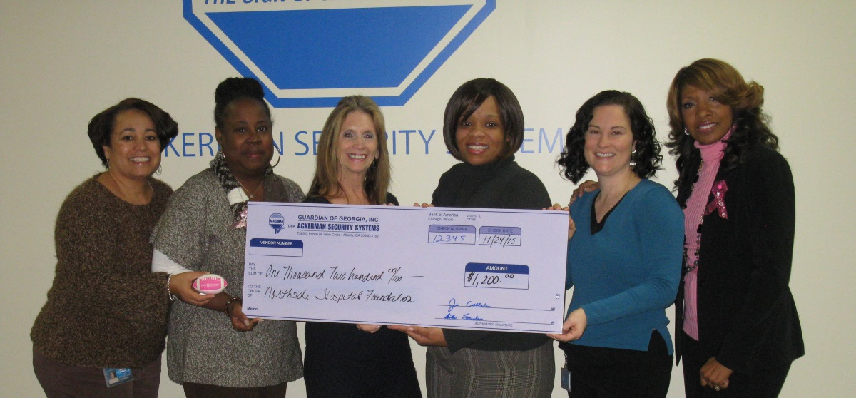 From l-r: Jacqueline Richardson, Ackerman Security Systems, Stephanie Johnson, Ackerman Security Systems, Susan Casella, RN,OCN Northside Hospital, Natisha Williams, Ackerman Security Systems, Lois Whitfield, Ackerman Security Systems, and Valerie Ponder, Ackerman Security Systems.