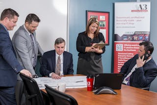 A3 Communications&rsquo; executive team. From left to right: Brian Thomas (President); Chad Hendrix (Vice President &ndash; Engineering); Dave Lewis (Chief Financial Officer); Michelle Moshinskie (Director of Marketing); and Scott Grainger (Vice President &ndash; Physical Security).