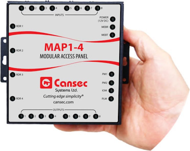 Cansec&rsquo;s MAP1-4 Modular Access Panel fits in the palm of your hand yet supports 4 reader controlled doors and up to 100,000 cardholders. An onboard RJ45 port allows the MAP1-4 to be directly connected to a LAN network.