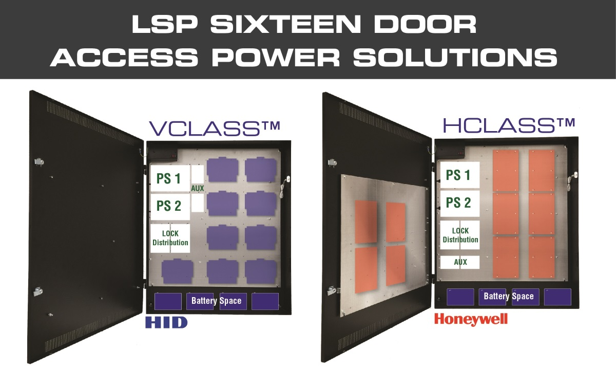 LifeSafety Power recently added 8- and 16-door Honeywell Pro-Watch Access Systems to its FlexPower HCLASS portfolio of power solution enclosures. In addition, the company also now supports 16-door HID VertX Access Systems (in addition to 2, 4, 6 and 8) with the FlexPower VCLASS enclosure with integral system power, locking power and access controller boards in a configuration that promotes efficient wiring and faster installation.
