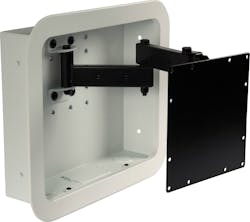 Video Mount Products&apos; new IWB-1 &ldquo;no profile&rdquo; flat panel in-wall box adapter.