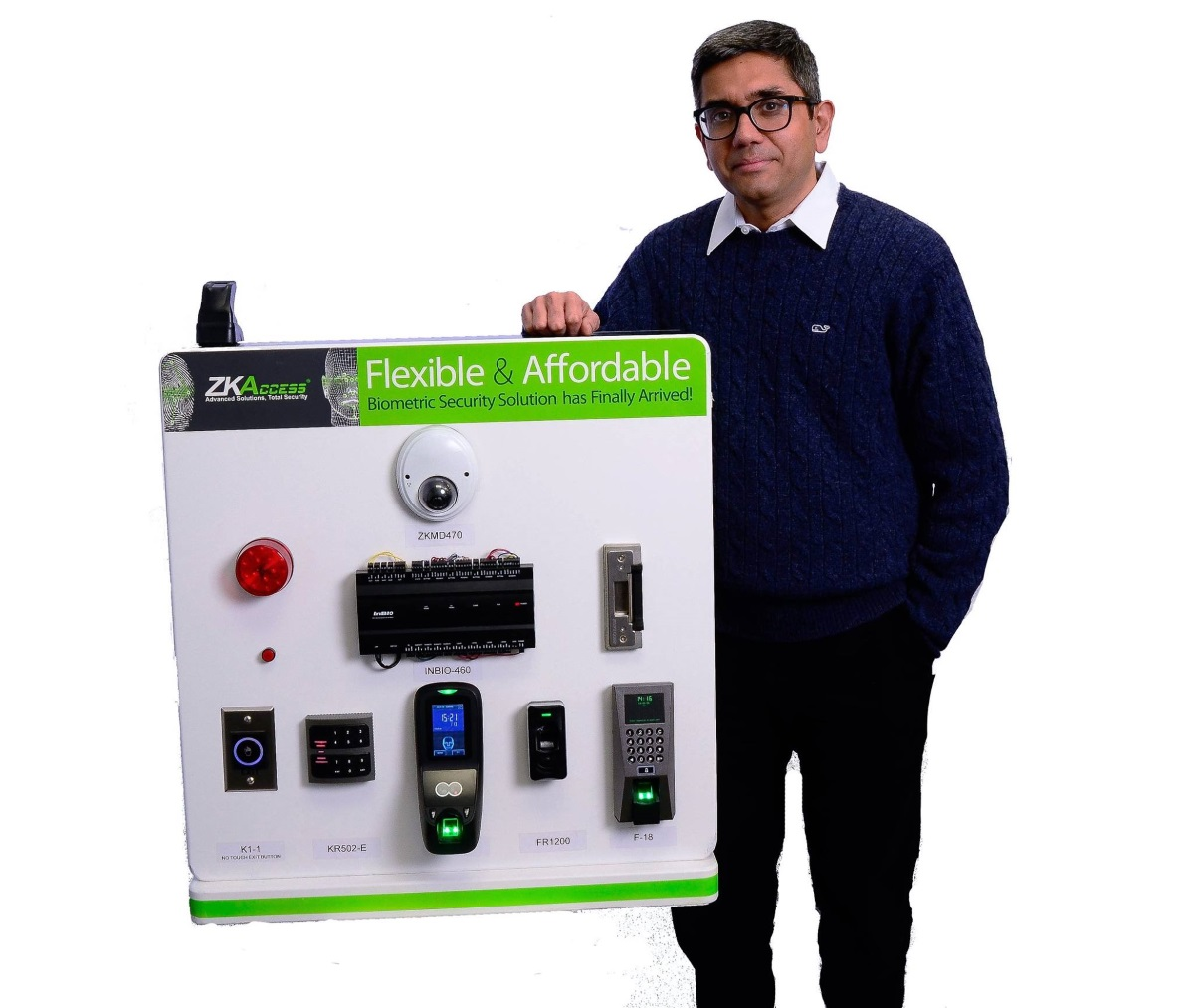 ZKAccess COO Manish Dalal showcases product line capabilities using a demo board with live-working access control panels, readers, door locks, REXs and sensors.
