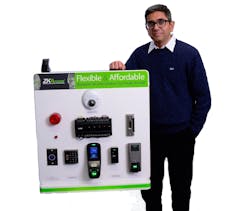 ZKAccess COO Manish Dalal showcases product line capabilities using a demo board with live-working access control panels, readers, door locks, REXs and sensors.