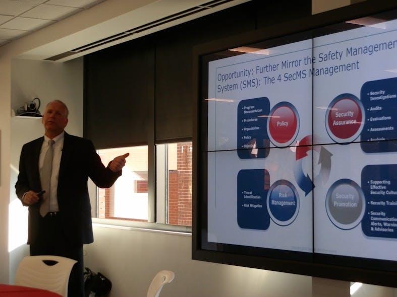Randy Harrison, managing director of corporate security for Delta Airlines, discussing the four pillars of his security management system at the Security Executive Council&apos;s Next Generation Security Leader event.