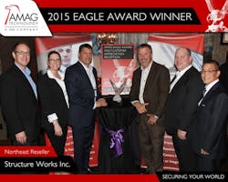 Structure Works, Inc. won the Northeast Reseller Eagle Award at AMAG&apos;s Eagle Award Reception held in Las Vegas. Pictured are AMAG Technology President, Matt Barnette, AMAG Vice President of Strategic Accounts, Jody Ross, Walter Cropley, Jim Muncey, and Frank Lloyd of Structure Works and AMAG Vice President of Sales, Kurt Takahashi.