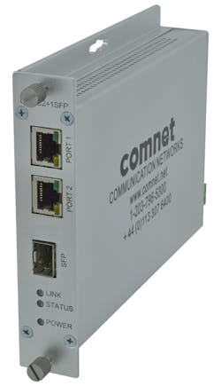 ComNet&apos;s new CNMC2+1SFP/M media converter features two TX input ports and a single SFP port for the users&rsquo; choice of fiber type, distance, connector type and speed. The unit features port isolation, allowing the unit to act as two independent media converters while using a single optical fiber for transmission.