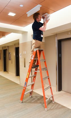 Advance Technology Technician Dan Roy works on a wireless RTLS installation for a customer at a prominent medical facility in Boston. Advance Technology Technician Dan Roy works on a wireless RTLS installation for a customer at a prominent medical facility in Boston.
