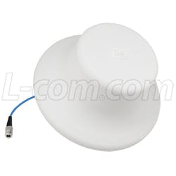 L-com&apos;s HyperLink brand HG35805CUPR-NF is an IP67-rated, multi-band, low-PIM, Omni-directional, ceiling-mount antenna specifically designed for in-building wireless networks.