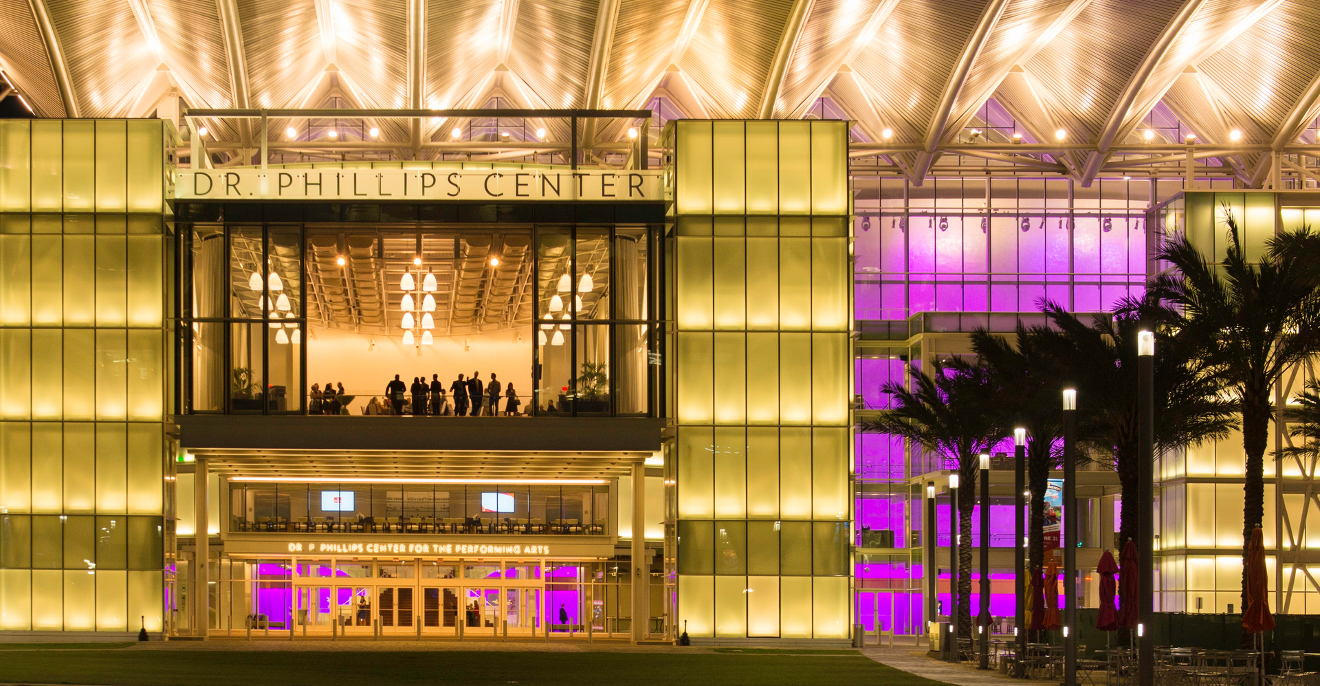 A view of the front of the Dr. Phillips Center for the Performing Arts in downtown Orlando.