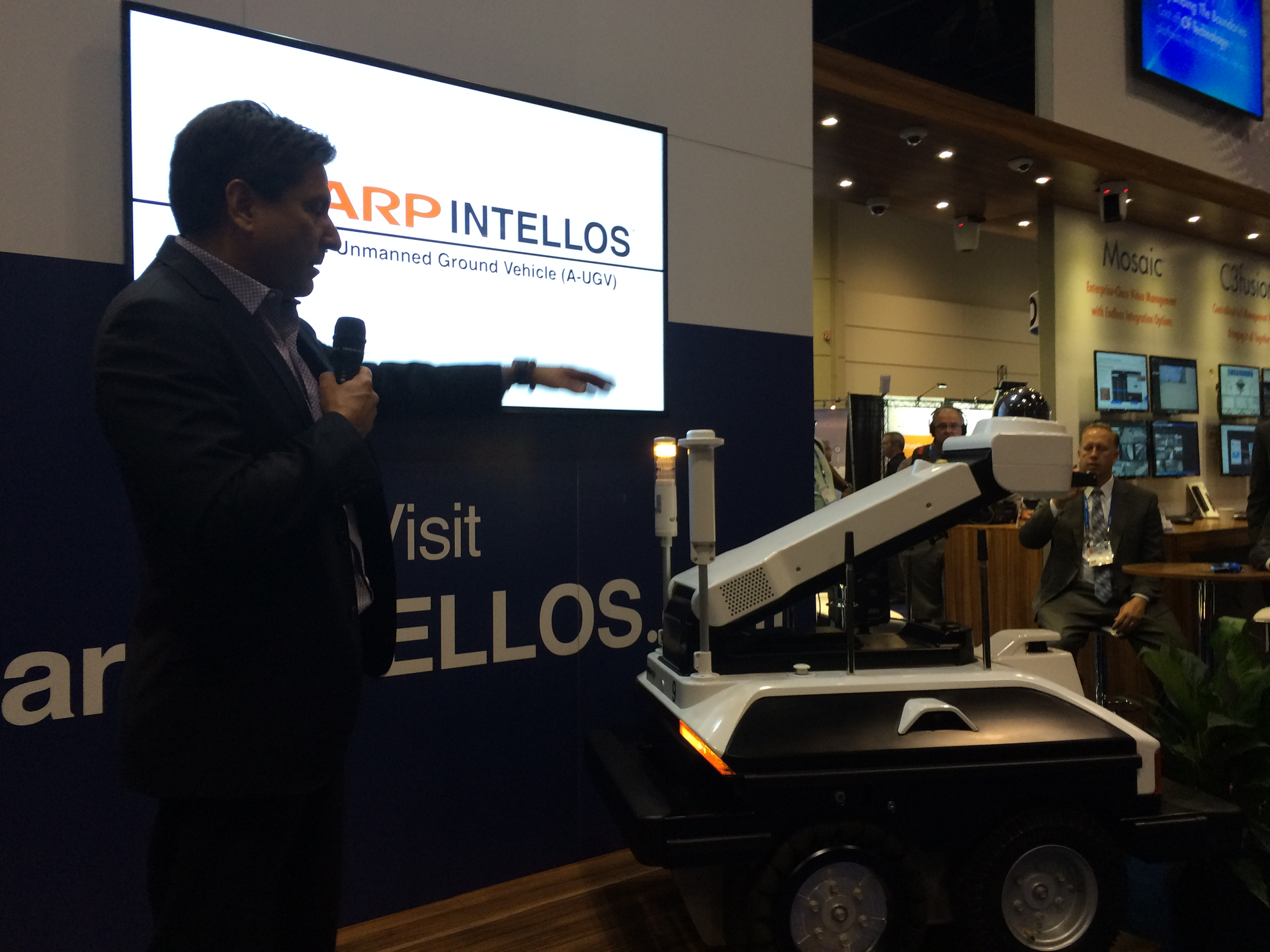 Cliff Quiroga of Sharp Robotics Business Development (SRBD), unveiled the Sharp INTELLOS Automated Unmanned Ground Vehicle (A-UGV) at ASIS on Monday.