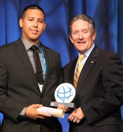 From left: Christian Sorto, Allied Universal Security Professional; and Richard Widup, CPP, master of ceremonies. From left: Christian Sorto, Allied Universal Security Professional; and Richard Widup, CPP, master of ceremonies.