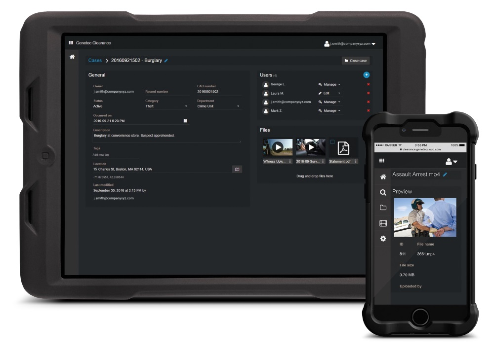 Genetec Clearance allows police officers, investigators and security managers to gather digital evidence from a variety of sources.