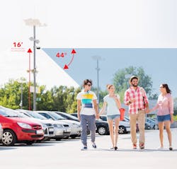 Mount the camera at least 15 to 20 feet (4.60 m to 6.10 m) above the surface, and aim the camera 100 feet (30.48 m) toward the horizon for every 10 feet (3.05 m) that the camera is mounted above the surface. Mount the camera at least 15 to 20 feet (4.60 m to 6.10 m) above the surface, and aim the camera 100 feet (30.48 m) toward the horizon for every 10 feet (3.05 m) that the camera is mounted above the surface.
