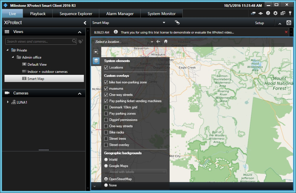 A screenshot of Milestone System's XProtect 2016 R3 video management software.