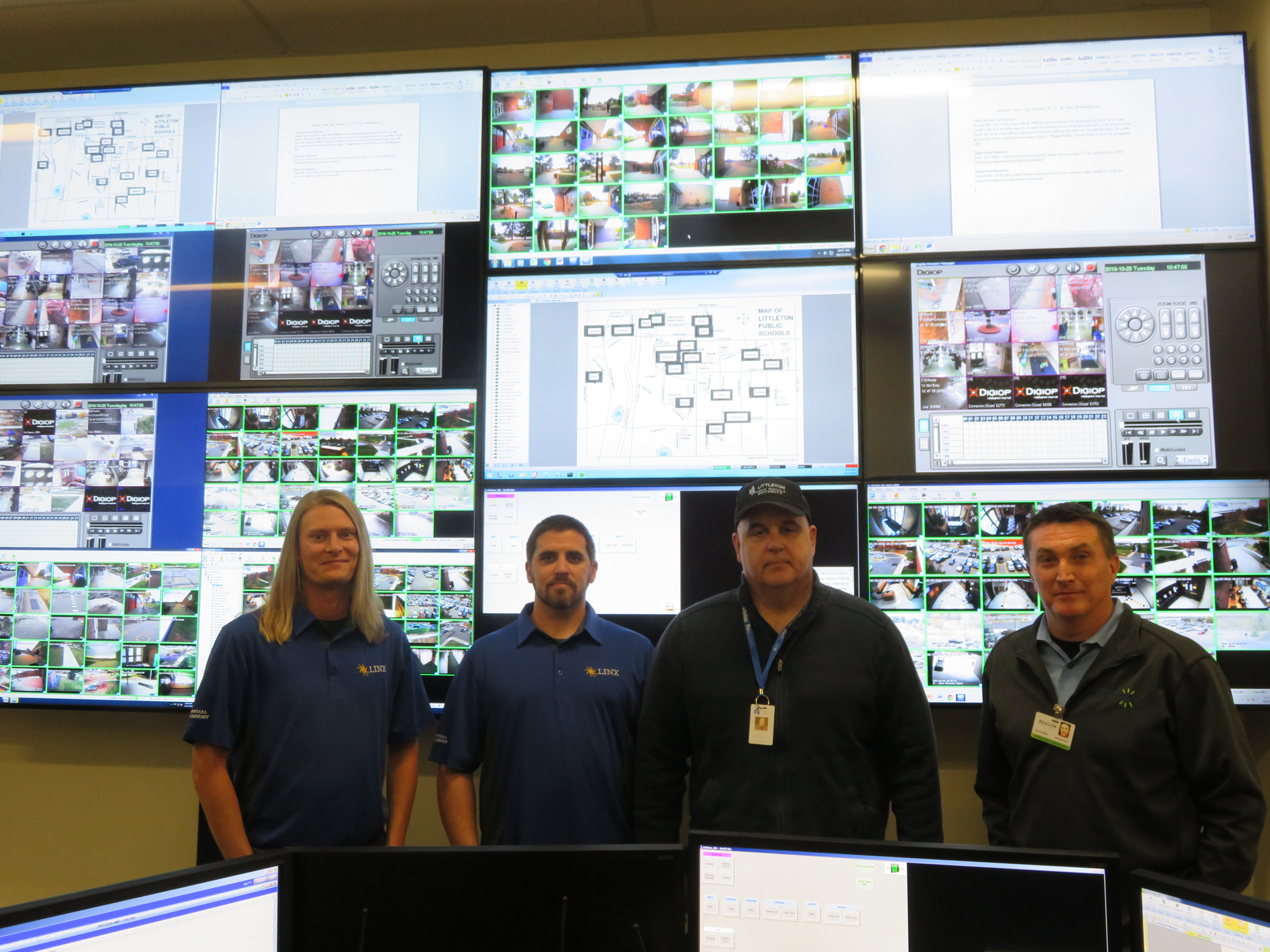 The team that spearheaded the LPS security project: (left to right) Race Seymore, Project Manager from Linx, Joe Currier Project Manager from Linx. Guy Grace, Director of Security for Littleton Public Schools and Johnathan Hasserd, Project Manager for Beacon Communications.