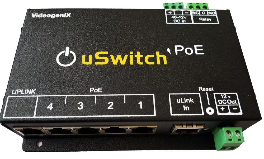 Simple to use, with no programming required and with just one input power source, uSwitch PoE (Power of Ethernet) auto senses and auto negotiates voltages from 48 volts down while providing 15.4 watts of power per port. For non PoE devices, uSwitch PoE provides a 12 VDC output. uSwitch PoE also has an IP relay that automatically reboots or controls non PoE devices.