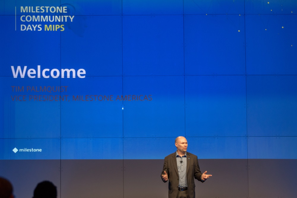 Tim Palmquist, vice president for the Americas at Milestone Systems, addresses attendees at MIPS 2017 in San Antonio, Texas.