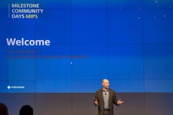 Tim Palmquist, vice president for the Americas at Milestone Systems, addresses attendees at MIPS 2017 in San Antonio, Texas. Tim Palmquist, vice president for the Americas at Milestone Systems, addresses attendees at MIPS 2017 in San Antonio, Texas.