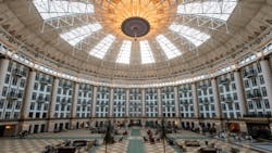 The West Baden Springs Hotel in Indiana recently undertook a lighting project in its atrium that replaced 150 1000-watt bulbs—which consumed 150,000 watts per hour—with PoE powered lighting that consumed less than 4,000 watts per hour while providing more light. Every light is connected to an Ethernet switch, and the full-color LED chandelier lighting has programmed color 'playlists' that provide color tones to match events of all types. The West Baden Springs Hotel in Indiana recently undertook a lighting project in its atrium that replaced 150 1000-watt bulbs—which consumed 150,000 watts per hour—with PoE powered lighting that consumed less than 4,000 watts per hour while providing more light. Every light is connected to an Ethernet switch, and the full-color LED chandelier lighting has programmed color 'playlists' that provide color tones to match events of all types.