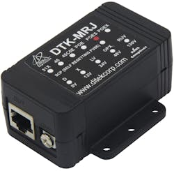 The DTK-MRJPOES is a single channel device that features a shielded RJ45 connection with external grounding screw and is compatible with CAT5e, CAT6 and CAT6A cabling infrastructure. It supports a maximum data rate of 1000 Mbps without signal degradation while boasting a robust surge current rating of 20kA/pair.
