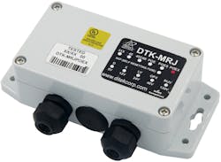 The DTK-MRJPOEX features a NEMA 4X enclosure with weatherproof connectors for installation in harsh or outdoor environments.
