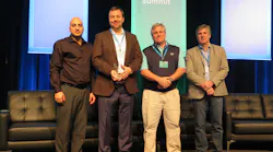 Genetec presents SIGNET Electronic Systems, Inc. with 2016 Unified Systems Sales Achievement Award at Connect ’17 North American Channel Partner Summit, Feb 6-8, 2017. (From Left to Right: Michel Chalouhi, Vice President of North American Sales, Genetec; Jason Bianco, Sr. Account Executive, SIGNET Electronic Systems, Inc.; Daniel Chauvin, Vice President, SIGNET Electronic Systems, Inc.; Guy Chenard, Vice President of Global Sales, Genetec).