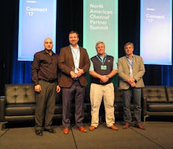 Genetec presents SIGNET Electronic Systems, Inc. with 2016 Unified Systems Sales Achievement Award at Connect &rsquo;17 North American Channel Partner Summit, Feb 6-8, 2017. (From Left to Right: Michel Chalouhi, Vice President of North American Sales, Genetec; Jason Bianco, Sr. Account Executive, SIGNET Electronic Systems, Inc.; Daniel Chauvin, Vice President, SIGNET Electronic Systems, Inc.; Guy Chenard, Vice President of Global Sales, Genetec).
