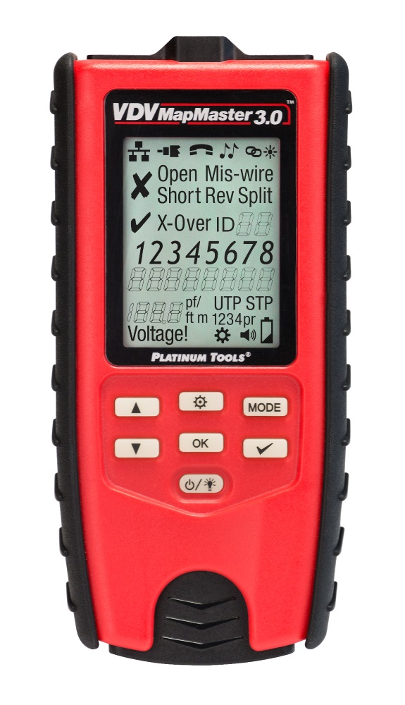 The VDV MapMaster 3.0 tests Cat7, Cat6A, Cat6, Cat5e, Cat5, Cat4, and Cat3 shielded and unshielded cables, voice and coax.