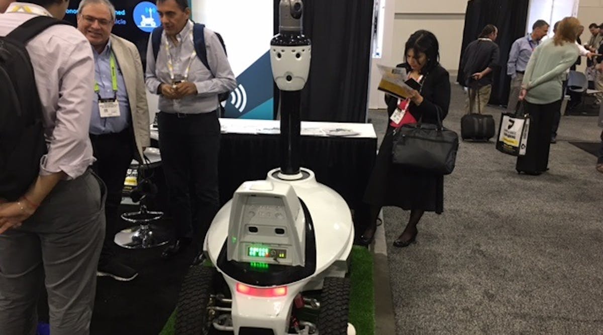 The SMP Robotics S5 Security Guard on display inside the Robotic Assistance Devices booth at ISC West 2017.