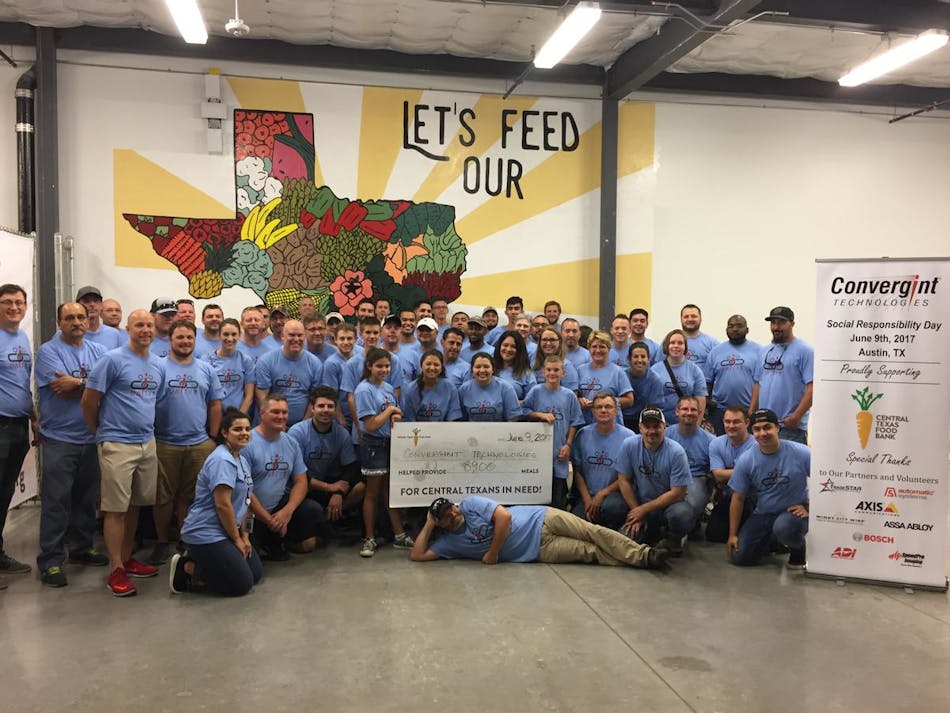 Forty-five local Convergint team members completed an estimated 400 volunteer hours inspecting, cleaning, sorting, boxing, and preparing food donations for the Central Texas Food Bank.