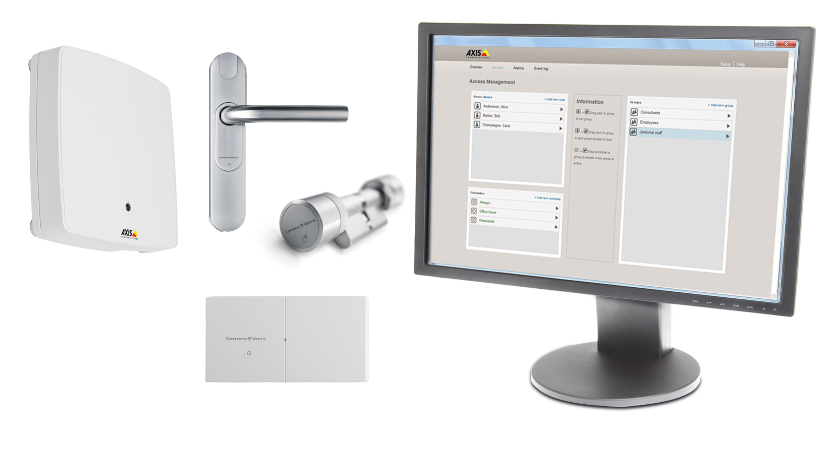 SmartIntego battery-powered digital locks in the form of either cylinders, padlocks or door handles connect wirelessly via its GatewayNode to AXIS A1001 door controller and AXIS Entry Manager software. The solution represents a complete, scalable, fully integrated and future-proofed access control system without limitation.