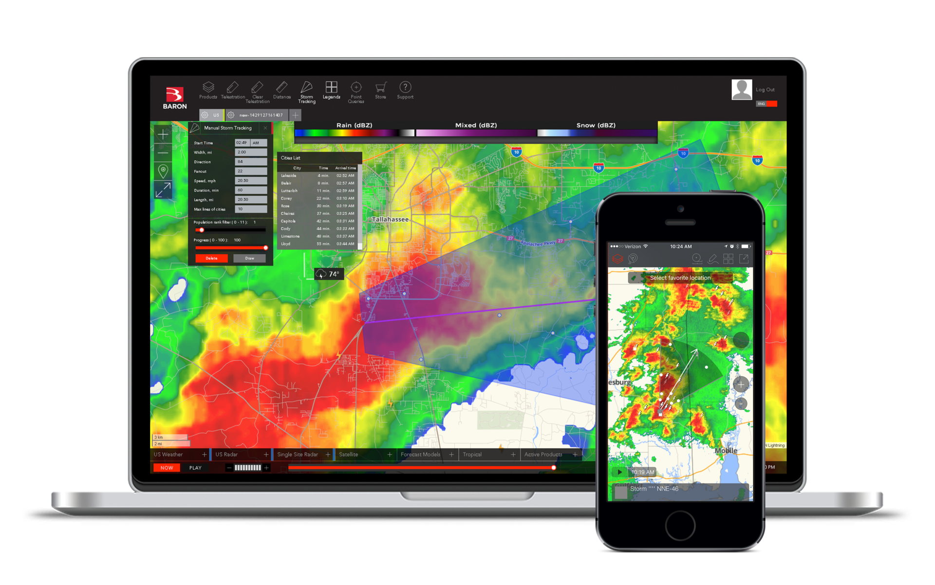 Baron Threat Net allows users to monitor weather and safety for situational awareness by location and includes simple custom alerts including Baron exclusive location-based Pinpoint Alerting and standard alerts from the National Weather Service (NWS).