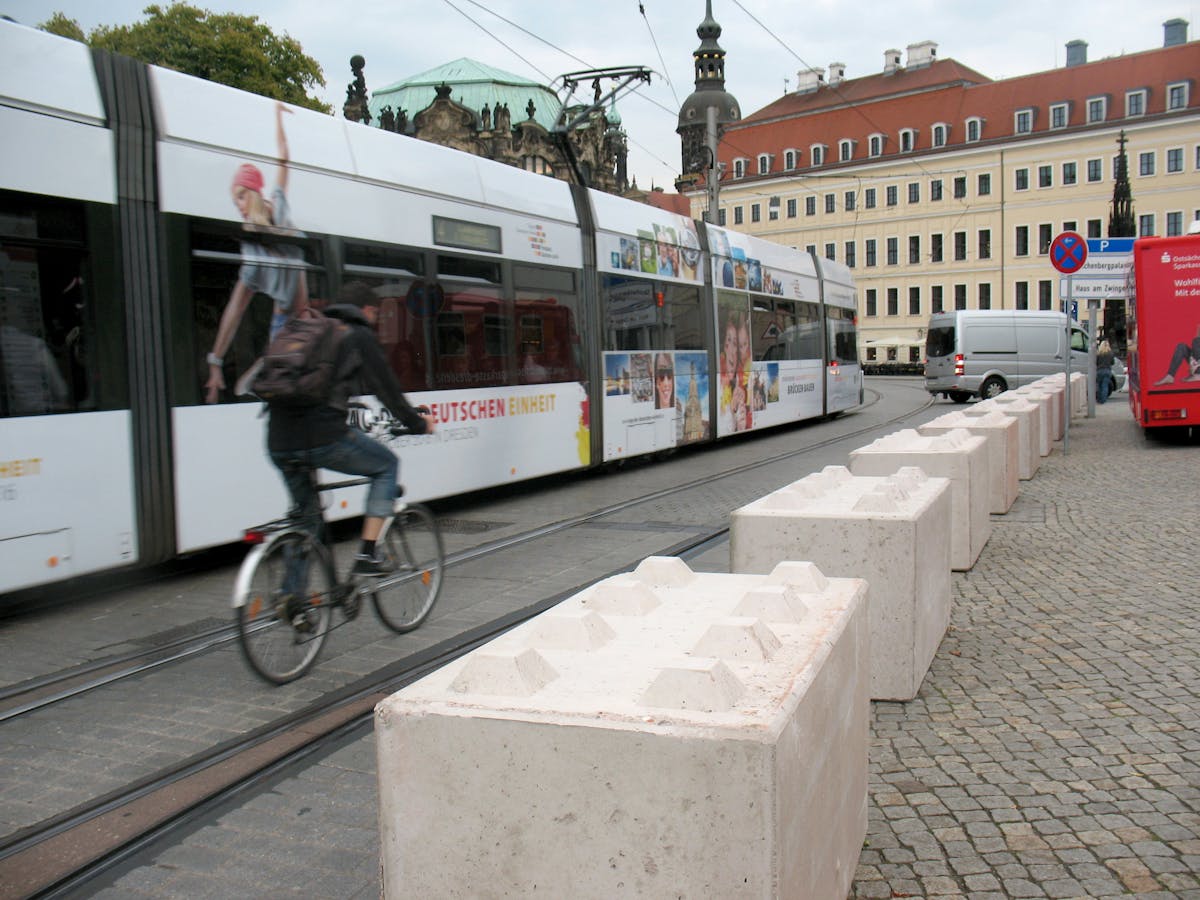 Concrete blocks in the city center of Dresden during the 2016 German Unity Day Celebrations.