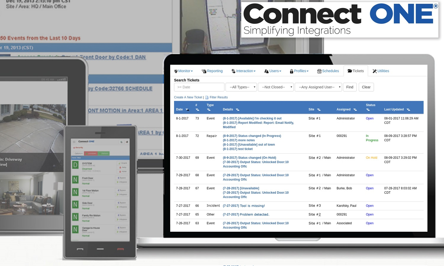 The Connect ONE module was designed in response to end-user customers looking for streamlined methods to track critical event responses, incidents and repair tickets at one or multiple locations. The module interfaces directly with the Connect ONE security system application or can be deployed as a standalone service, requiring no control or on site equipment.