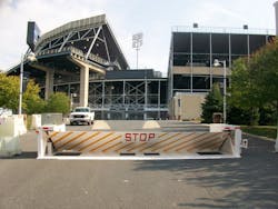Delta Scientific recently announced that leading universities, including six of the 2017 Associated Press (AP) top-10 rated pre-season football schools, such as Penn State pictured above, are staying one step ahead of terrorists and errant drivers on their campuses by identifying vulnerable areas and securing them within minutes with Delta MP5000 temporary, portable barriers.