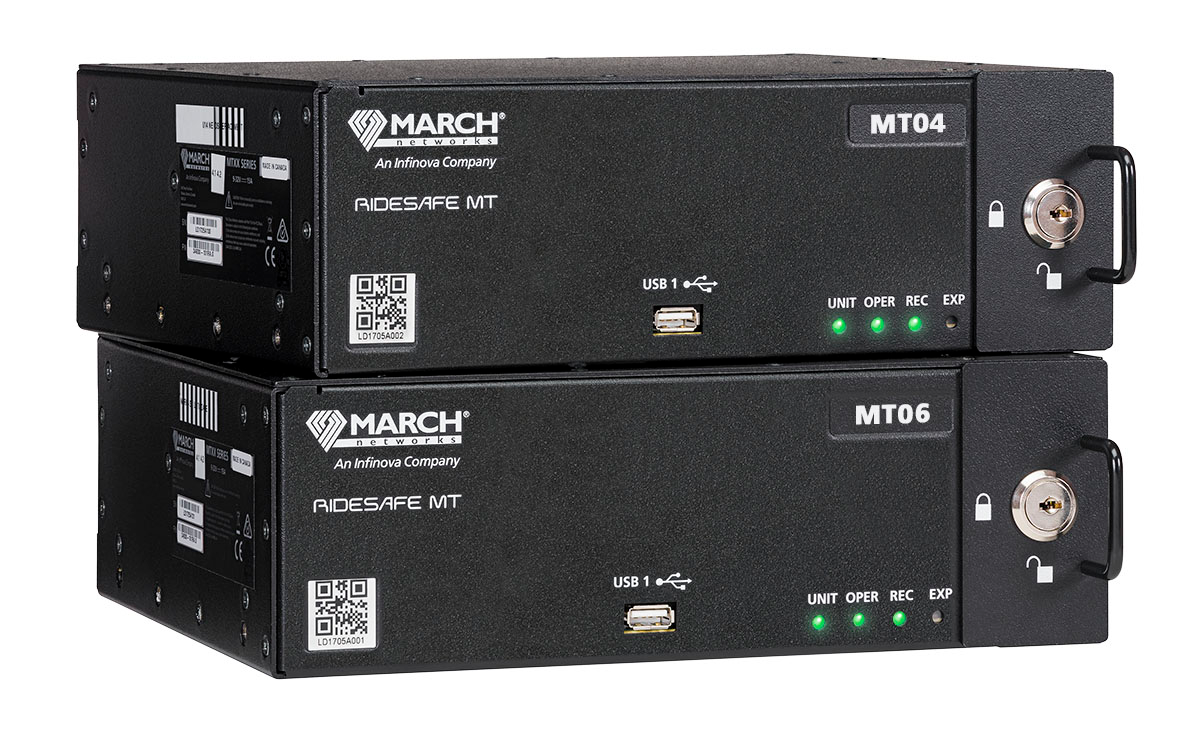 March Networks RideSafe&trade; MT Series IP Recorders provide transportation agencies with sharp megapixel video evidence, automated wireless downloading, Power over Ethernet, and innovative search and investigation capabilities, all while maintaining the exceptional reliability and ease of service customers have come to expect from March Networks.