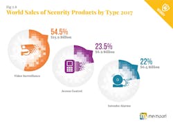 This graphic shows world sales of physical security products in 2017 by product type.