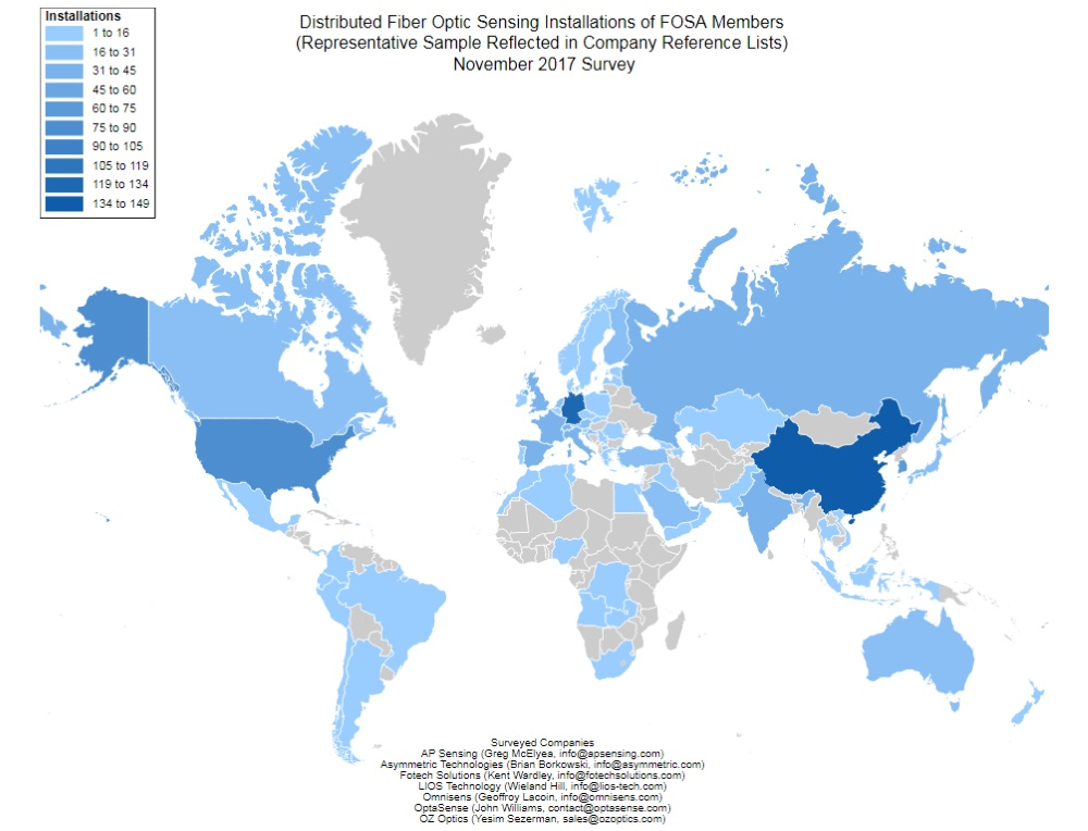 This interactive map on the website of the Fiber Optic Sensing Association (FOSA) provides a geographic breakdown of global DFOS installations in more than 75 countries.