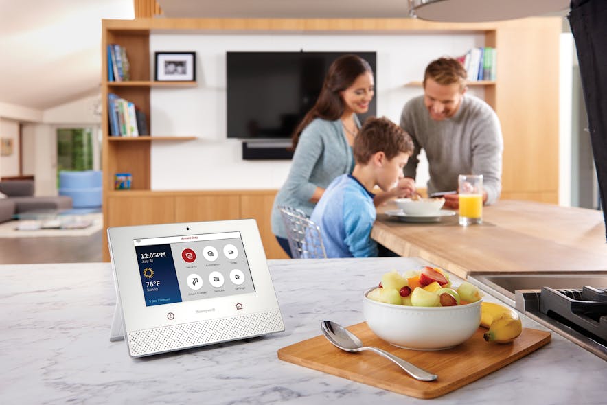 The Honeywell Lyric Controller, with its 7-inch touchscreen and built-in camera, serves as the central hub for arming and disarming the system.