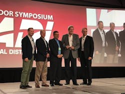 Hikvision&rsquo;s senior director, distribution, Gordon Lang (second from right) accepts the ADI Global award for &ldquo;Best Sales Support North America 2017.&rdquo; Pictured from left, Marco Cardazzi, ADI VP of global marketing; Chris Zenaty, Hikvision VP of sales; Sam Belbina, Hikvision VP of enterprise solution sales; Lang; and Rob Aarnes, president of ADI Global Distribution.
