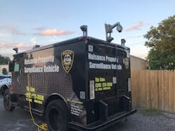 &lsquo;The Armadillo,&rsquo; a repurposed armored truck used by the Utica Police Department, equipped with Hikvision surveillance cameras.