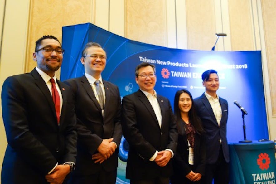 Taiwan Products Launch @ ISC West 2018. Speakers from left to right: EverFocus Regional Technical Sales Manager Marques Phillips, TAITRA Executive Director Simon Lai, GeoVision President David Huang, PLANET Sales Manager Tammy Huang and VIVOTEK Director of Marketing and Product Development Shengfu Cheng.