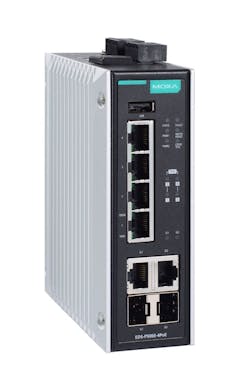 The Moxa EDS-P506E-4PoE Gigabit managed PoE+ Ethernet switch comes standard with 4 10/100BaseT(X), 802.3af (PoE), and 802.3at (PoE+) compliant Ethernet ports, and 2 combo Gigabit Ethernet ports. It will provide up to 60W per PoE port with a 180W total power budget, enhanced security, and smart PoE power management to deliver uninterrupted data and power over Ethernet, even when subjected to harsh EMI and surge conditions. The Moxa EDS-P506E-4PoE Gigabit managed PoE+ Ethernet switch comes standard with 4 10/100BaseT(X), 802.3af (PoE), and 802.3at (PoE+) compliant Ethernet ports, and 2 combo Gigabit Ethernet ports. It will provide up to 60W per PoE port with a 180W total power budget, enhanced security, and smart PoE power management to deliver uninterrupted data and power over Ethernet, even when subjected to harsh EMI and surge conditions.
