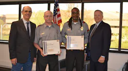 Officers Manuel Byrge (center left) and Gordon Collier (center right) were named Securitas Officer of the Year for Performance and Heroism, respectively. President and CEO, Securitas North America Santiago Galaz (far left) and Chief Operating Officer Bill Barthelemy.