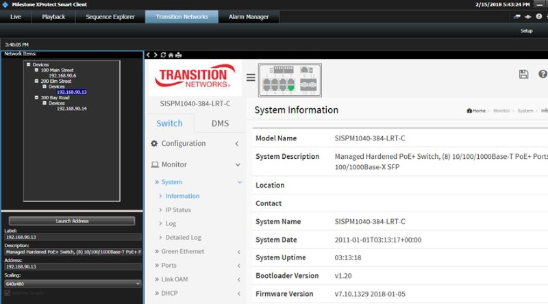 A screenshot of Transition Networks' new Device Management System software within Milestone's XProtect video management system.
