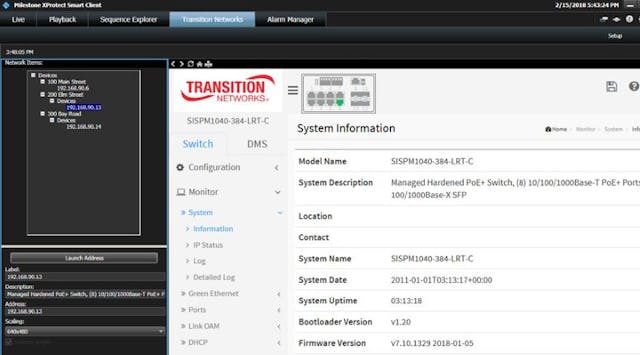 A screenshot of Transition Networks&apos; new Device Management System software within Milestone&apos;s XProtect video management system.