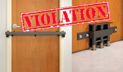 After-market secondary locking devices such as barricades and floor locks are almost always in violation of NFPA and other codes. After-market secondary locking devices such as barricades and floor locks are almost always in violation of NFPA and other codes.