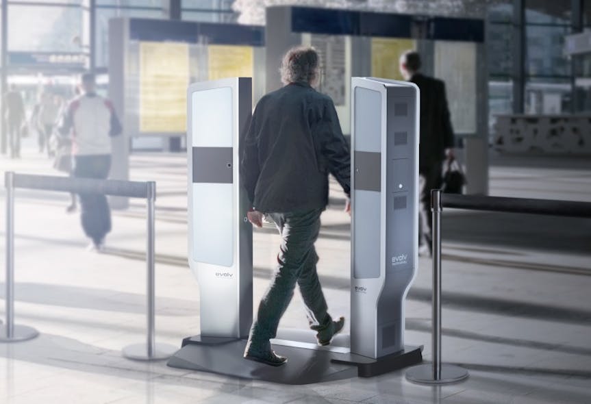 The Evolv Edge system screens people as they walk between two columns and can produce an analysis of what someone may be carrying in about a hundredth of a second.